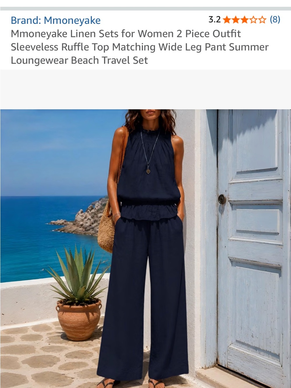 Navy Sleeveless Ruffle Top with Wide Leg Pants Set